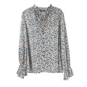 Chic Style Floral V-Neck Blue Orange Front Tie Ruffle Button Blouse Size Med